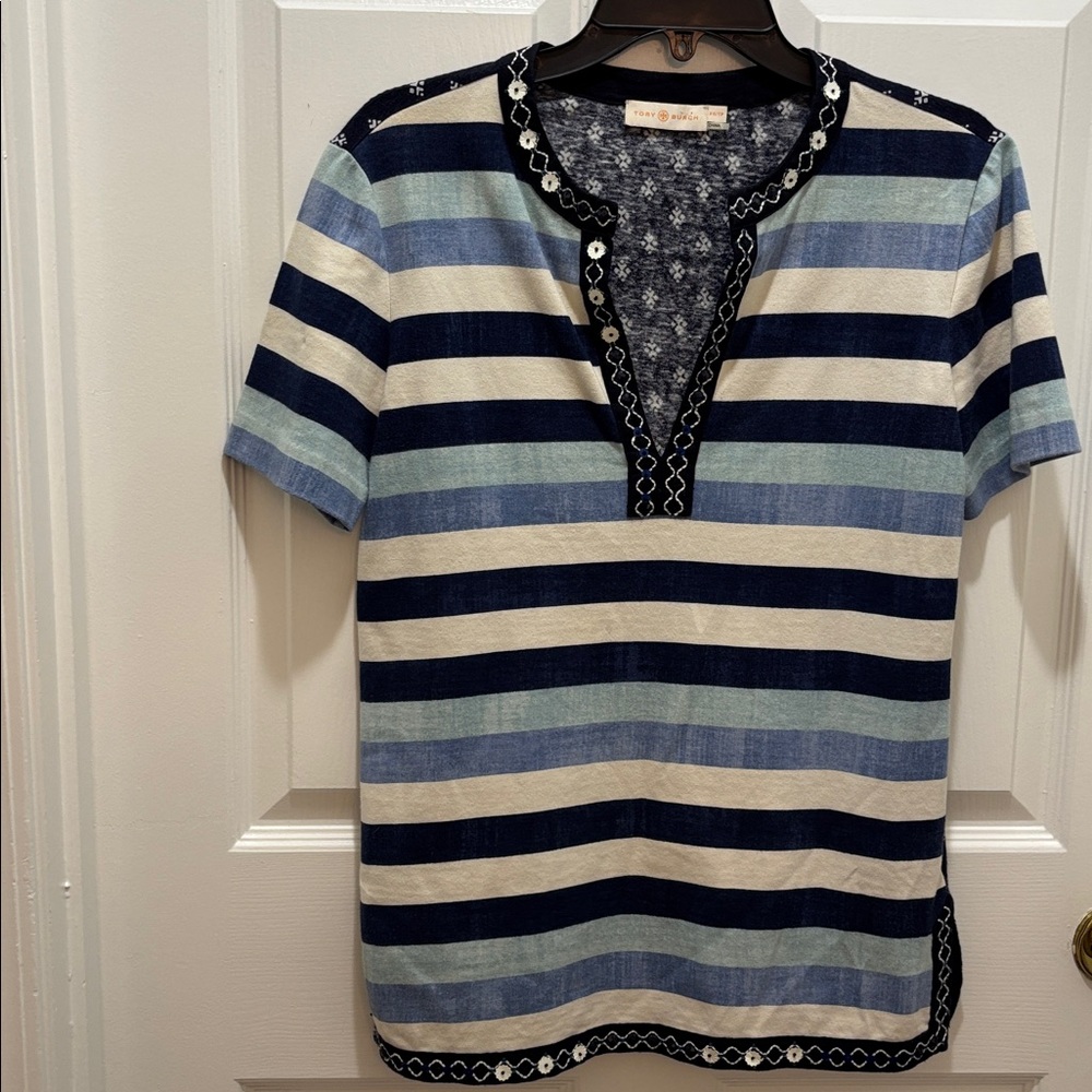 TORY BURCH Embroidered Striped Sequined Short Sleeve Shirt Blue Ivory